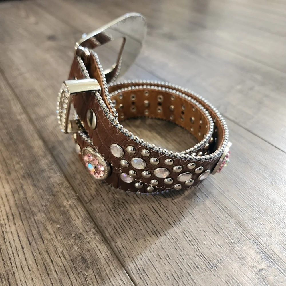 Nocona Girls Pink Heart Concho Belt Brown Western Rhinestone - N4425202